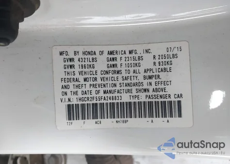 2015 Honda Accord Sport из США, поврежденный, VIN 1HGCR2F55FA248833